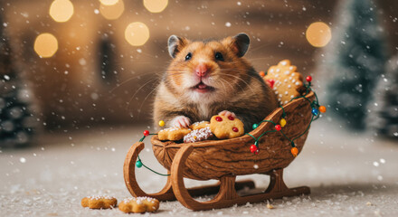 Christmas Cute Hamster Sits in Decorated Sleigh in Winter Wonderland