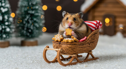 Christmas Festive Hamster Enjoys Colorful Gifts Among Pine Branches

