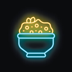 Neon food sign of a bowl overflowing with delicious food, perfect for restaurants
