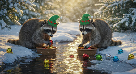 Christmas Festive Woodland Scene with Raccoons and Holiday Ornaments