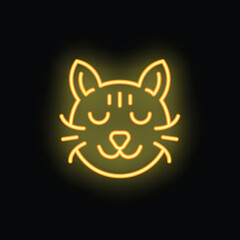 Neon sign of a cute cat face with closed eyes, glowing yellow on a black background