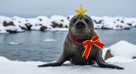 Christmas Arctic Seal Wears Festive Bow and Star on Snowy Shore