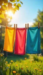 Golden Sunlight Laundry Freshly Washed Clothes Gently Blowing on a Clothesline on a Warm Summer Day, Evoking Feelings of Home, Cleanliness, and Simple Living.
