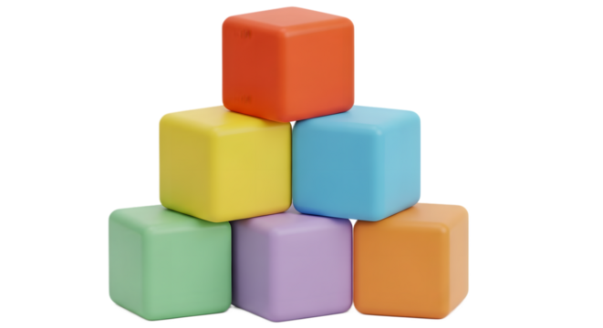 Stack of multicolored toy cubes arranged in a pyramid, a concept for learning, playing, and building foundations