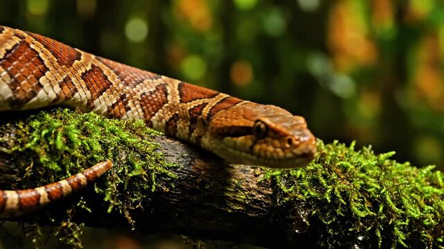 Majestic Patterned Snake Resting Peacefully on a Mossy Jungle Branch.