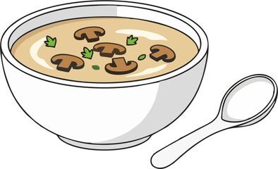 Creamy Mushroom Soup Vector – White Bowl with Mushrooms, Parsley Garnish, and Spoon Flat Cartoon Illustration Isolated