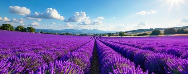 Sun-Drenched Lavender Fields in Provence Breathtaking Rows of Purple Blossoms Rolling Across the Hills Under a Sunny Sky, Perfect for Travel and Relaxation