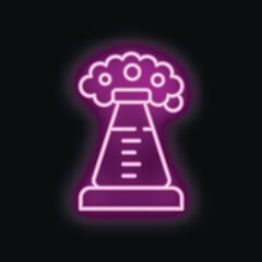Purple neon icon of a chemical experiment with an erlenmeyer flask releasing bubbles on a black background