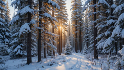 Fototapeta premium A snow-covered pine forest at dawn with golden sunlight peeking through the trees 