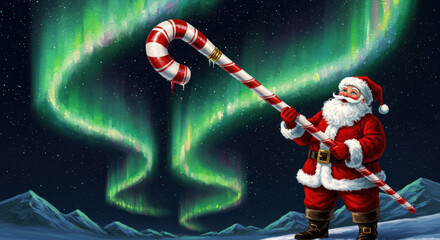 Christmas Santa Creates Magical Aurora Borealis with Giant Candy Cane