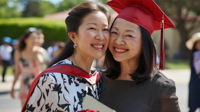 Two women sharing a joyful moment at graduation ceremony. One wearing a cap and gown, the other in a traditional dress with a floral pattern.