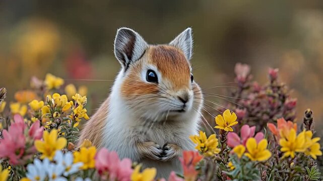 Adorable Arctic Ground Squirrel Amidst Colorful Alpine Flowers in Alaska.