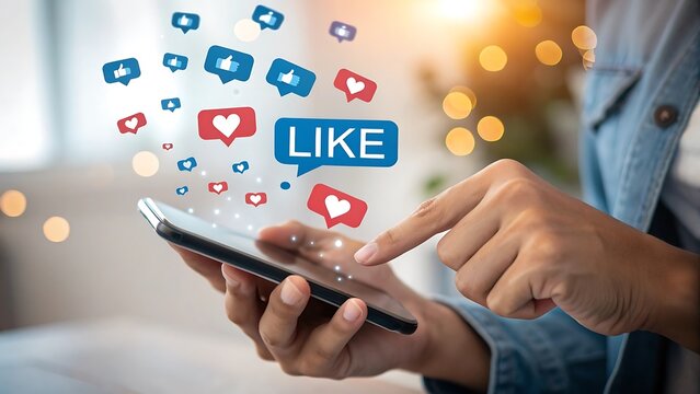 Close-up of Hands Using Smartphone with Social Media Hearts and Emojis