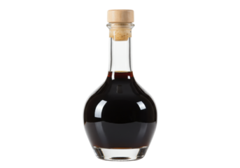 Isolated glass bottle of dark brown liquid, with a wooden cork stopper, on a clean backdrop