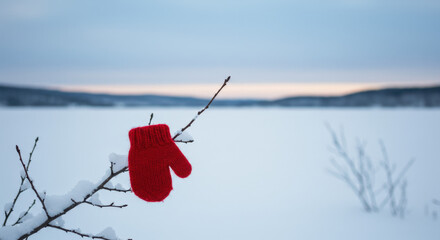 Christmas Single Red Glove Forgotten in Blue Snowy Landscape