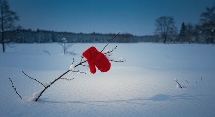 Christmas Red Mitten Hanging on Lonely Branch in Snowy Winter Field