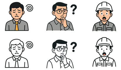 Vector Illustration Set of Middle-Aged and Senior Men in Work Clothes with Worried Expressions