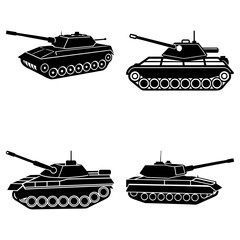 Four black and white tank silhouettes with varying designs on a white background in a vector format
