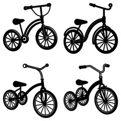 Four black and white tricycle illustrations with different handlebar designs and seat positions shown