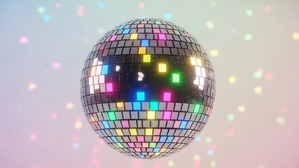 Obraz premium Vibrant Disco Ball with Colorful Reflections and Glittering Lights Creating a Festive Atmosphere for Celebrations, Dance Events, Nightlife, and Party Environments