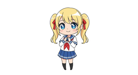 Blonde anime chibi girl in sailor school uniform, kawaii pose, vector flat design.