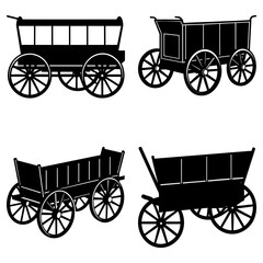 Four different wagon silhouettes with spoked wheels and varying carriage box designs in black and white