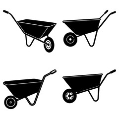 Four black and white wheelbarrows with varying wheel designs arranged on a white background space