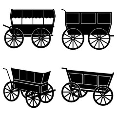 Illustration of four different styles of horse drawn carriages in black and white silhouette design