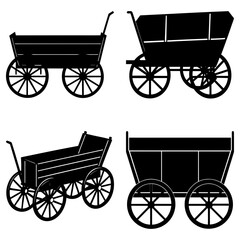 Four black silhouettes of vintage wagons with spoked wheels on a white background are displayed here