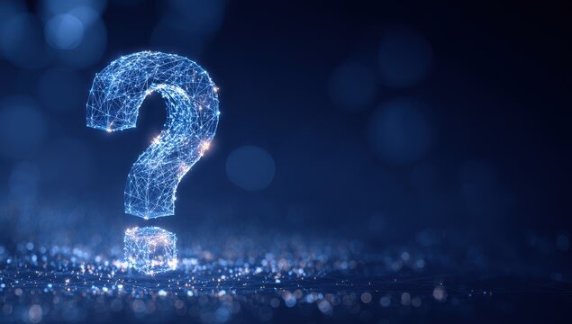 High quality photo of a luminous blue question mark glowing in the dark