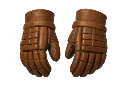Vintage brown leather ice hockey gloves with transparent background