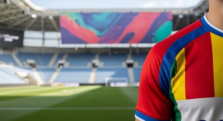 Closeup of a soccer player in a colorful jersey standing on the field in a stadium with a large screen in the background