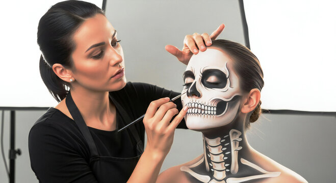 Professional makeup artist applying stunning skull face paint for Halloween or Day of the Dead celebration, creating a striking and dramatic look