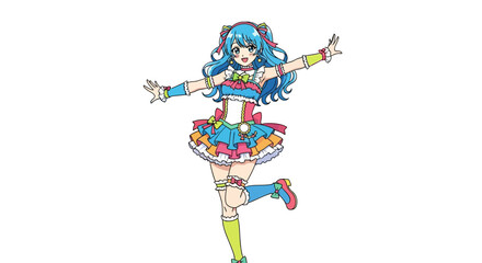 Blue-haired anime idol girl dancing, kawaii expression, flat vector art.