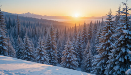 Obraz premium A snow-covered pine forest at dawn with golden sunlight peeking through the trees 