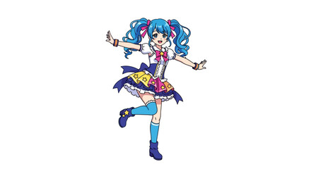 Blue-haired anime idol girl dancing, kawaii expression, flat vector art.