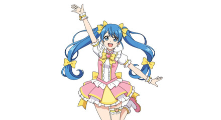 Blue-haired anime idol girl dancing, kawaii expression, flat vector art.