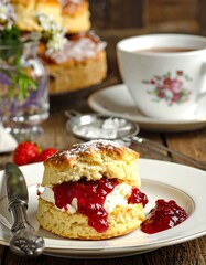 Scone with cream and jam, a cup of tea