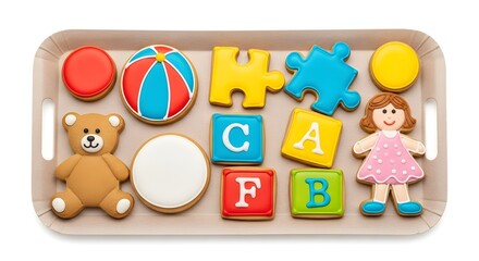 Colorful playful cookies shaped like toys on a tray  