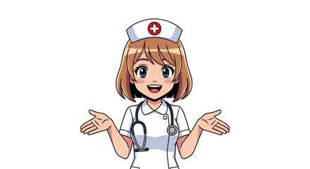Anime nurse girl smiling with hands open, cute style, vector illustration.