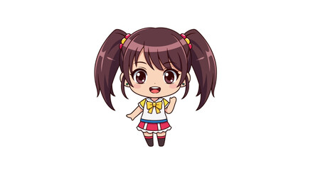 Chibi anime girl with twin ponytails, cheerful pose, colorful outfit, flat design.