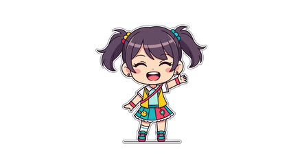 Chibi anime girl with twin ponytails, cheerful pose, colorful outfit, flat design.
