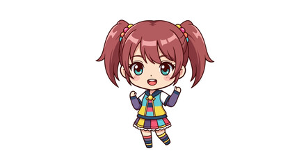 Chibi anime girl with twin ponytails, cheerful pose, colorful outfit, flat design.