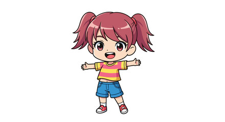 Chibi anime girl with twin ponytails, cheerful pose, colorful outfit, flat design.