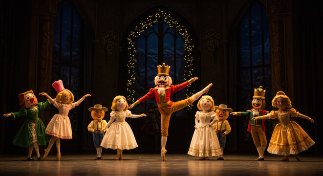 Christmas Nutcracker Ballet Performers Dance on Festive Stage