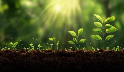 Young Plant Growth Sprouting from Soil with Sunlight Streaming Down in Nature