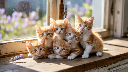 Cute orange kittens in warm sunlight with soft fur for cozy poster, decor, card and product display