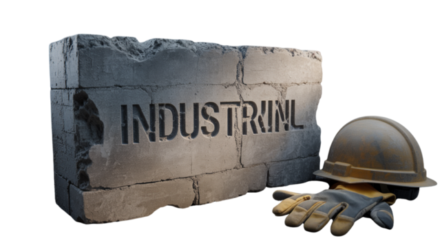 Industrial wall construction with hard hat and gloves