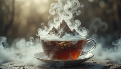 Glass of Hot Tea with Miniature Mountain Inside Smoky Mist