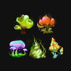 Magical Glowing Mushrooms Collection on Dark Background, Fantasy Illustrations for Games and Designs
